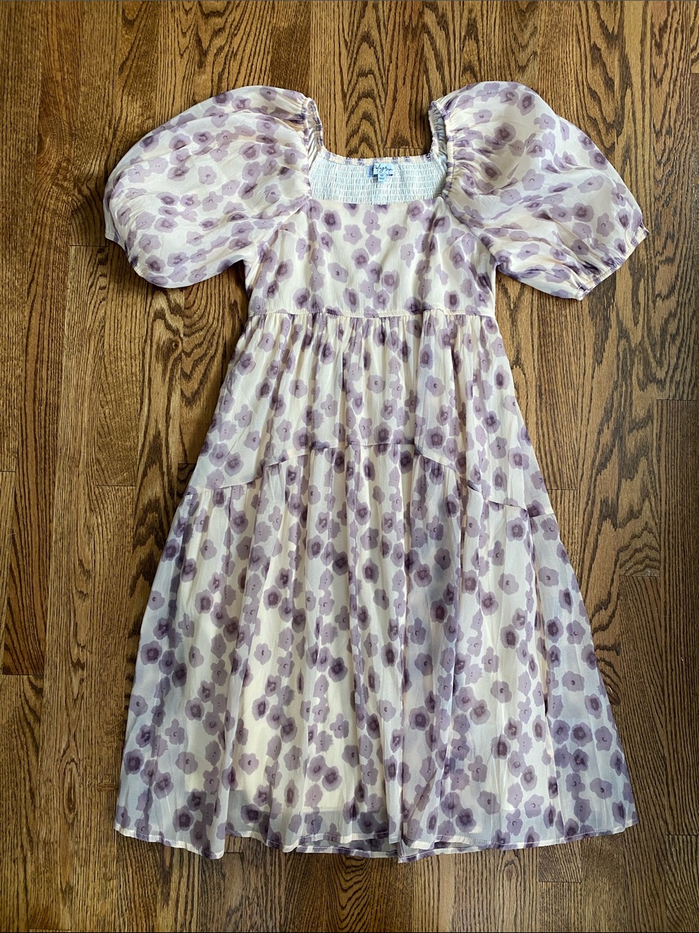 Polagram cream with lavender flowers, puffed sleeve dress, size M. Like new